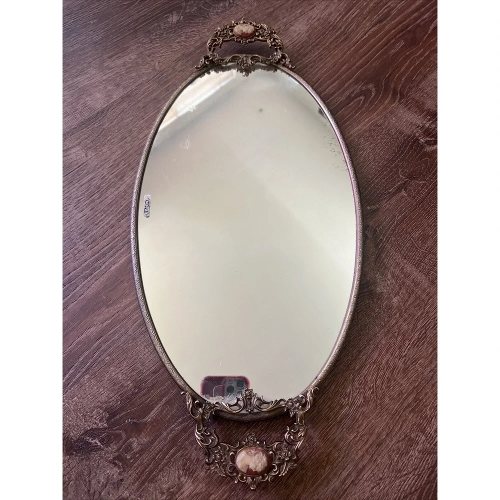 Vintage Cameo 24K Gold Plate Ormolu Rose Vanity Mirror Tray Bedroom Decor